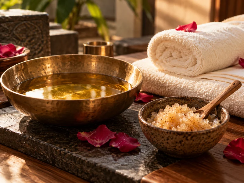 A bronze bowl of golden massage oil beside body scrub and soft ivory towels.