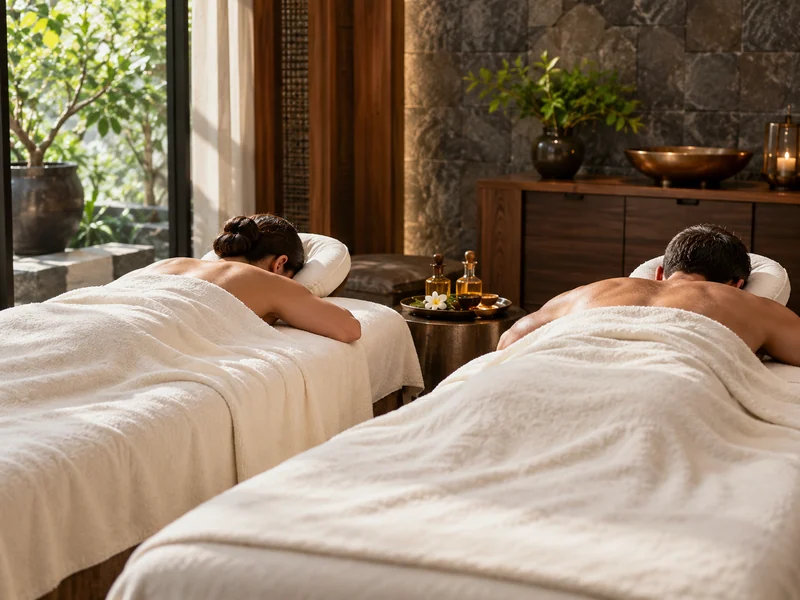 Two draped adults rest on separate side-by-side treatment beds in a calm couples room.