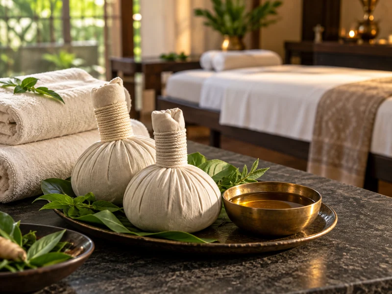 Massage oil and warm herbal compresses arranged beside fresh ivory towels.