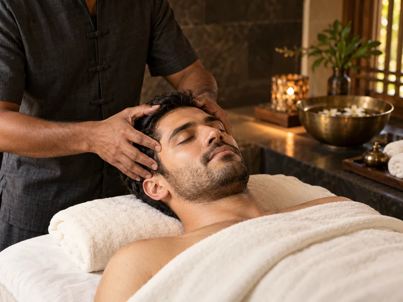 A professional therapist gives a relaxing scalp treatment to an adult male guest.