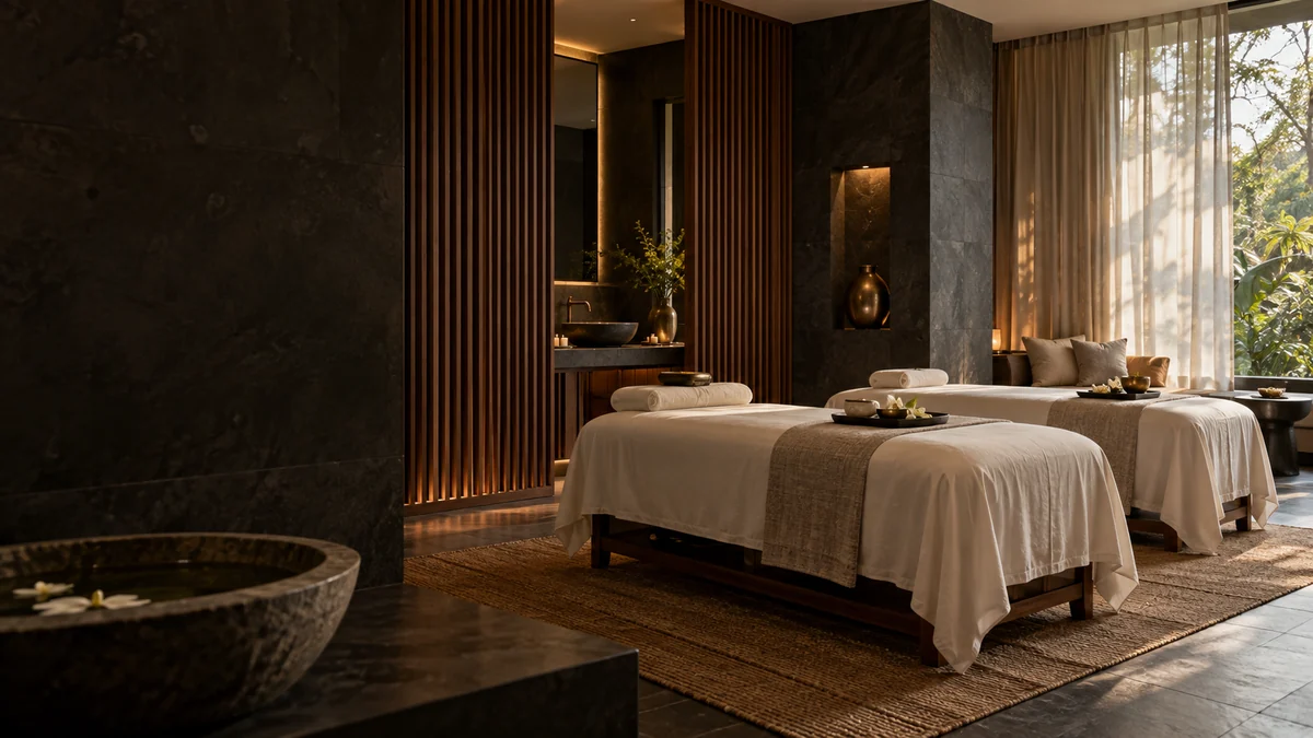 A warm charcoal and walnut spa sanctuary with two ivory treatment beds.