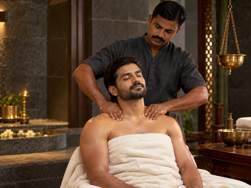 A male therapist gives a traditional shoulder massage to a draped adult client.