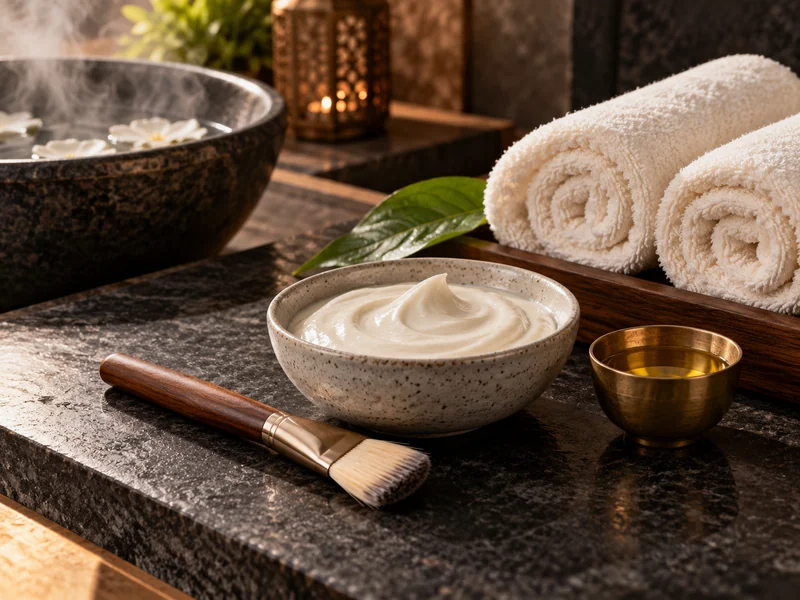 A spa facial and body-care arrangement with a clay bowl, clean towels and massage oil.