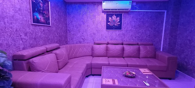 Sofa seating and coffee table in the Sky Days Spa lounge