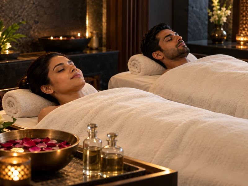 A couple rests beneath ivory linens on two separate spa beds beside rose petals and oils.