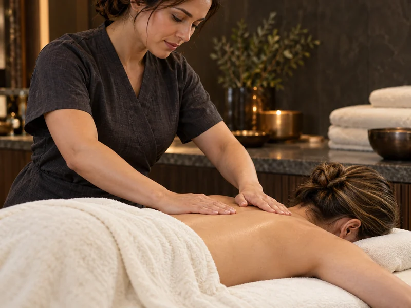 A therapist gives a Swedish massage to a draped adult client in a calm spa room.