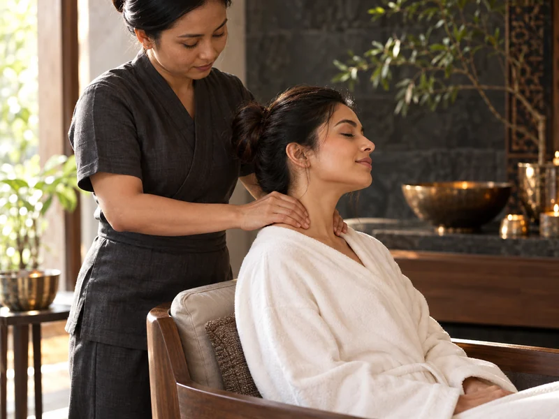 A therapist eases neck and shoulder tension for a seated spa guest.