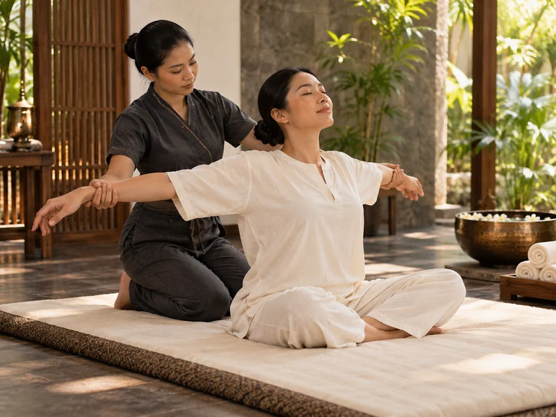 A fully clothed client receives a gentle assisted Thai stretch on a floor mat.